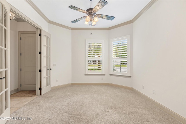 106 Villa Sovana Ct, Saint Johns, FL 32259 - spare room with light colored carpet, crown molding, french doors, and ceiling fan