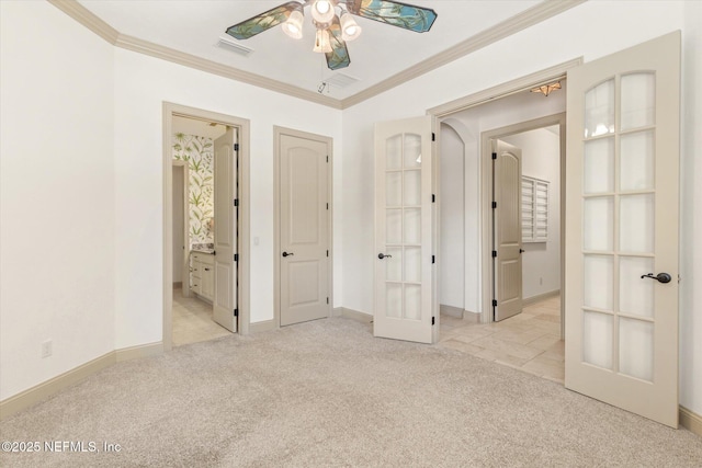 106 Villa Sovana Ct, Saint Johns, FL 32259 - unfurnished bedroom with french doors, baseboards, visible vents, crown molding, and light carpet