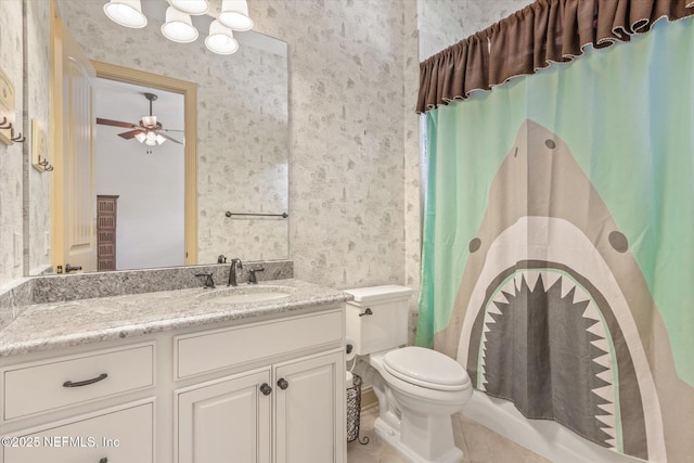 106 Villa Sovana Ct, Saint Johns, FL 32259 - full bath featuring toilet, vanity, tile patterned floors, a ceiling fan, and wallpapered walls