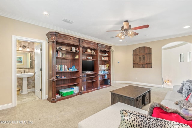 106 Villa Sovana Ct, Saint Johns, FL 32259 - living room with light colored carpet, ornamental molding, a ceiling fan, and visible vents
