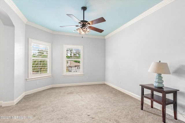 106 Villa Sovana Ct, Saint Johns, FL 32259 - unfurnished room featuring ornamental molding, carpet, arched walkways, a ceiling fan, and baseboards