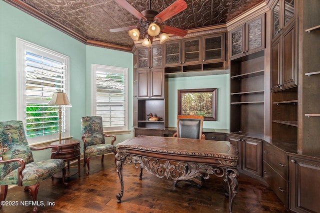 106 Villa Sovana Ct, Saint Johns, FL 32259 - office space with dark wood-style flooring, ornamental molding, a ceiling fan, and an ornate ceiling