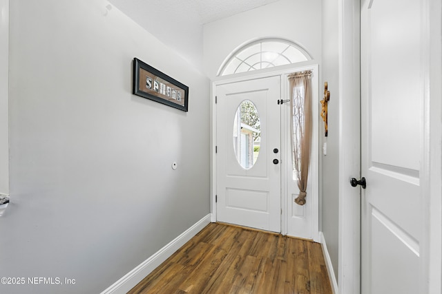 foyer with baseboards and dark wood-style floors