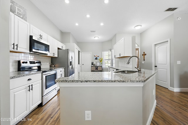 kitchen featuring a sink, dark wood finished floors, backsplash, appliances with stainless steel finishes, and visible vents