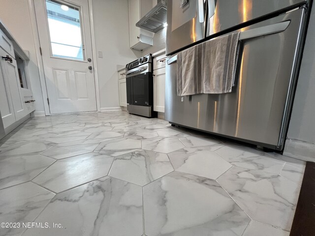 451 Whiting Ln, Atlantic Beach, FL 32233 - kitchen featuring wall chimney exhaust hood, refrigerator, baseboards, marble finish floor, and electric stove