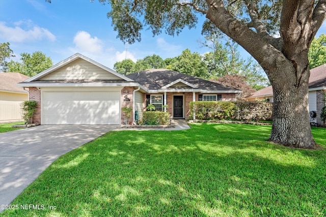 single story home with brick siding, driveway, a front yard, and a garage