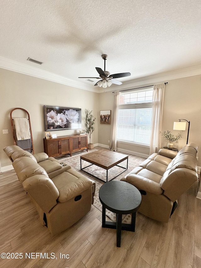 6128 Copper Ridge Cir, Macclenny, FL 32063 - living room with a ceiling fan, light wood-type flooring, a textured ceiling, and visible vents
