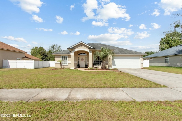 single story home with fence, concrete driveway, stucco siding, a front lawn, and a garage
