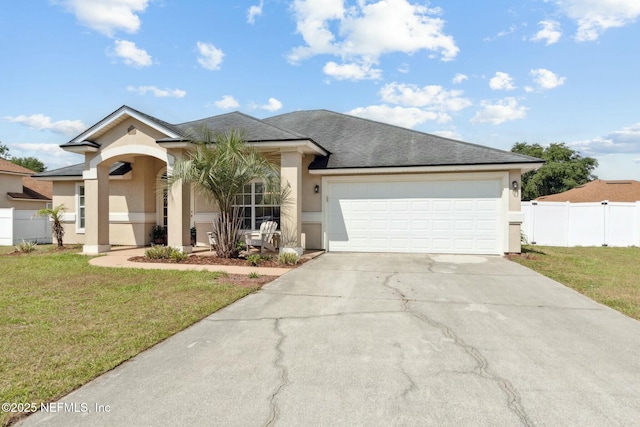 single story home featuring concrete driveway, a garage, stucco siding, and fence