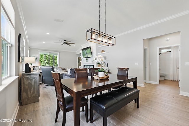 291 Greenway Ln, Saint Augustine, FL 32092 - dining room featuring light wood-style floors, a fireplace, ceiling fan with notable chandelier, baseboards, and ornamental molding