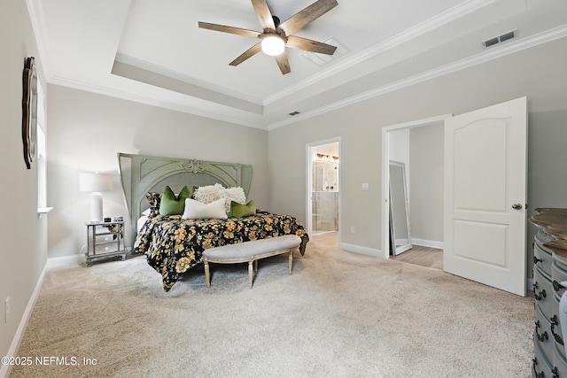 291 Greenway Ln, Saint Augustine, FL 32092 - bedroom featuring crown molding, carpet floors, baseboards, ensuite bathroom, and visible vents