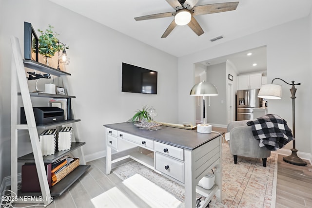 291 Greenway Ln, Saint Augustine, FL 32092 - home office featuring light wood finished floors, a ceiling fan, baseboards, recessed lighting, and visible vents