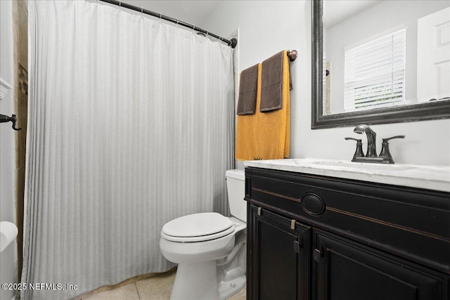 full bathroom with toilet, tile patterned floors, a shower with shower curtain, and vanity