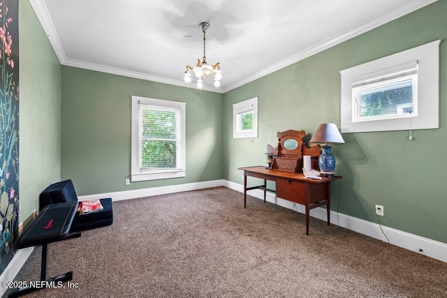 interior space featuring a chandelier, baseboards, carpet floors, and crown molding