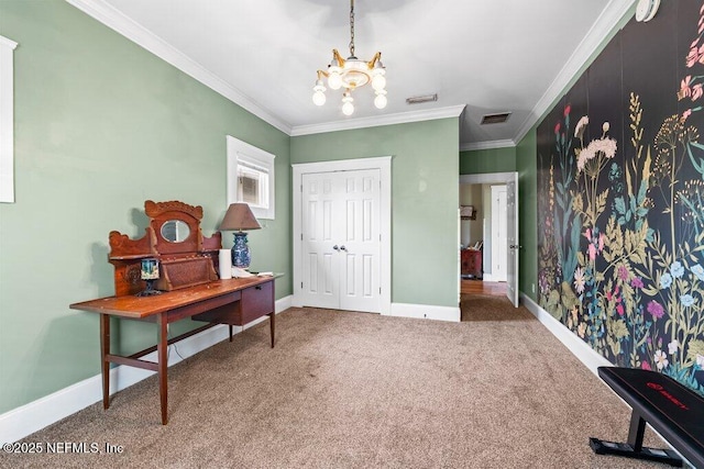 home office with a notable chandelier, crown molding, visible vents, baseboards, and carpet floors