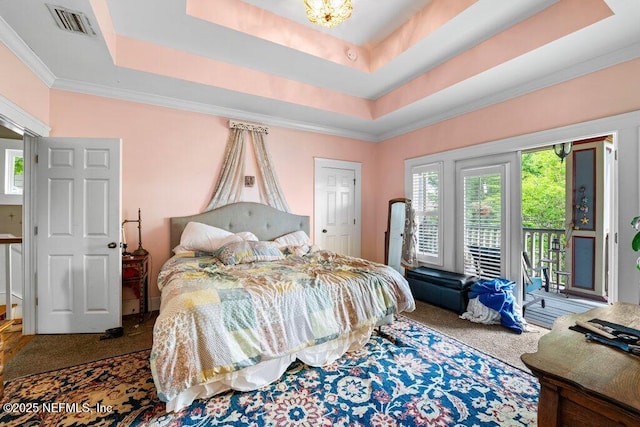 bedroom with a tray ceiling, access to exterior, and carpet floors