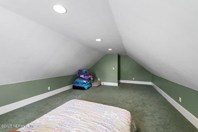 carpeted bedroom featuring recessed lighting, vaulted ceiling, and baseboards
