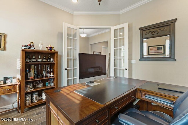 office area with ornamental molding, french doors, and dark wood-type flooring