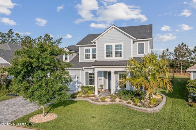view of front of house featuring a shingled roof and a front yard
