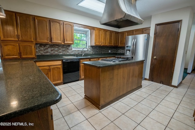kitchen featuring stainless steel gas cooktop, island range hood, backsplash, dishwasher, and a sink
