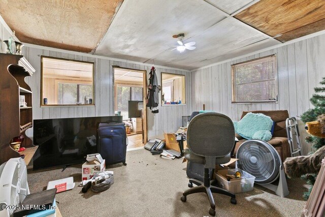 670 Hillsborough Ave, Florahome, FL 32140 - office with wood walls, a ceiling fan, and carpet