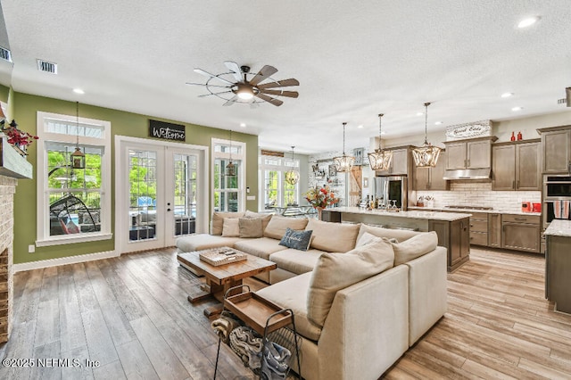 225 Shinnecock Dr, Saint Johns, FL 32259 - living room with ceiling fan, light wood finished floors, a textured ceiling, and visible vents