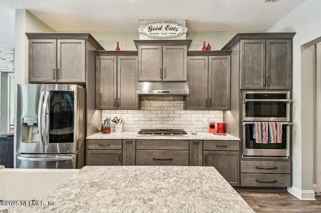 225 Shinnecock Dr, Saint Johns, FL 32259 - kitchen with under cabinet range hood, tasteful backsplash, a textured ceiling, appliances with stainless steel finishes, and dark wood-style flooring