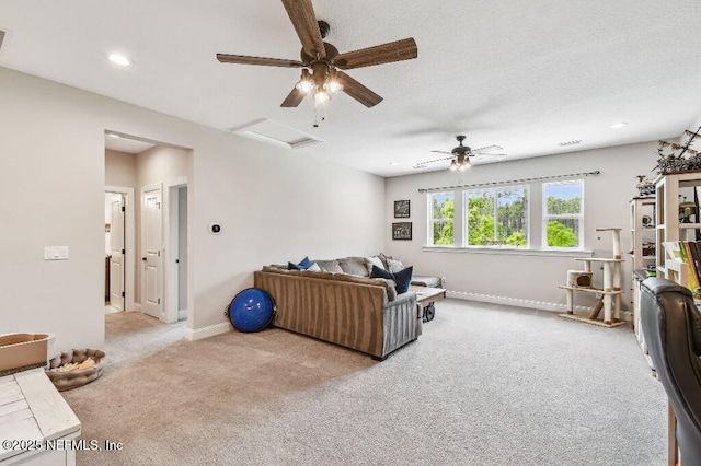 225 Shinnecock Dr, Saint Johns, FL 32259 - living room featuring attic access, baseboards, a ceiling fan, and light colored carpet