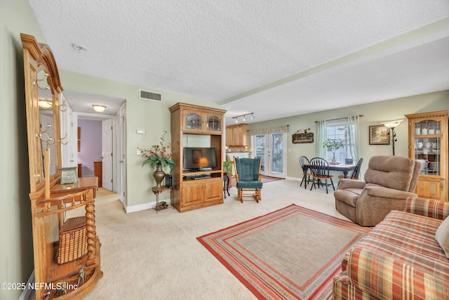 3434 Blanding Blvd Unit 214, Jacksonville, FL 32210 - living area with baseboards, visible vents, a textured ceiling, and light colored carpet