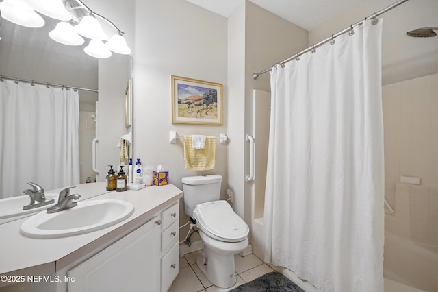 bathroom with vanity, tile patterned floors, toilet, and shower / bath combo with shower curtain