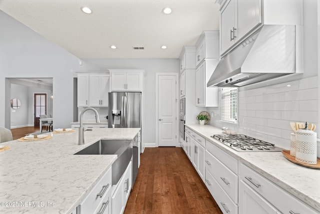 kitchen with under cabinet range hood, visible vents, a sink, white cabinetry, and stainless steel appliances
