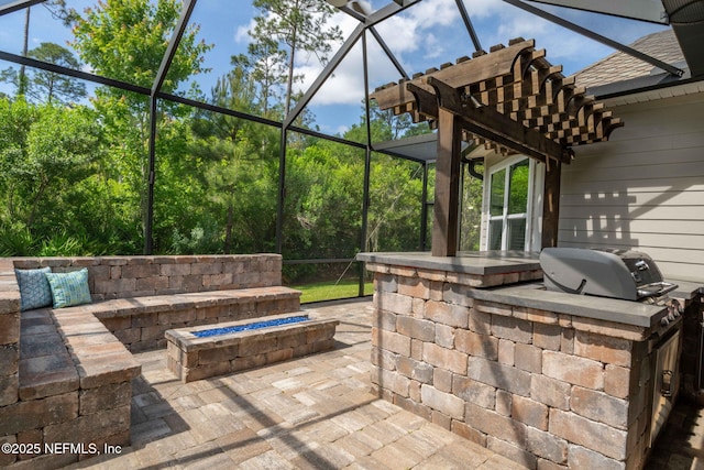 view of patio with an outdoor kitchen and glass enclosure