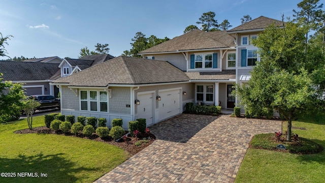 traditional-style home with an attached garage, a shingled roof, decorative driveway, and a front yard