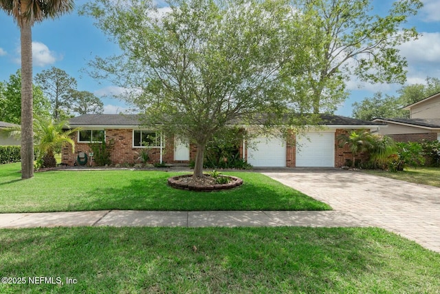ranch-style house with brick siding, decorative driveway, a garage, and a front yard