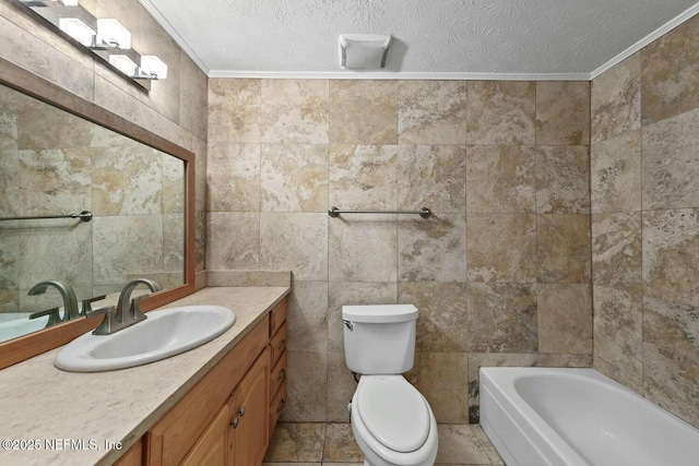 bathroom with toilet, tile walls, ornamental molding, and vanity