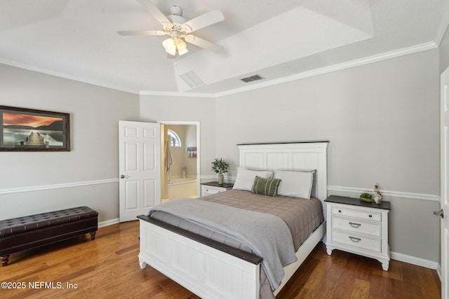 bedroom with crown molding, baseboards, visible vents, and dark wood-type flooring
