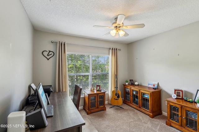 office with light carpet, a ceiling fan, and a textured ceiling