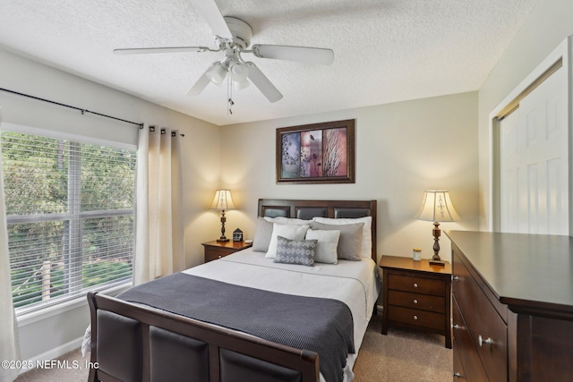bedroom with baseboards, carpet flooring, a textured ceiling, and multiple windows