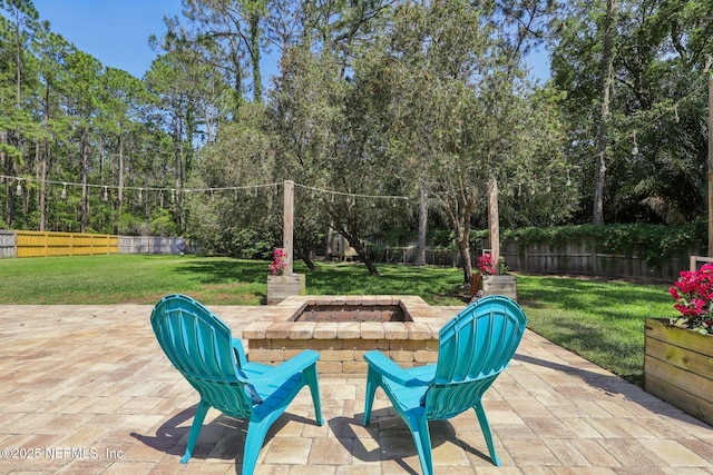 view of patio featuring a fenced backyard and an outdoor fire pit