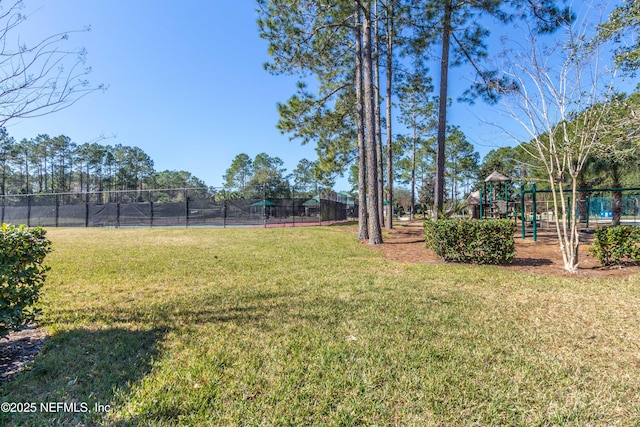 view of yard with fence and playground community
