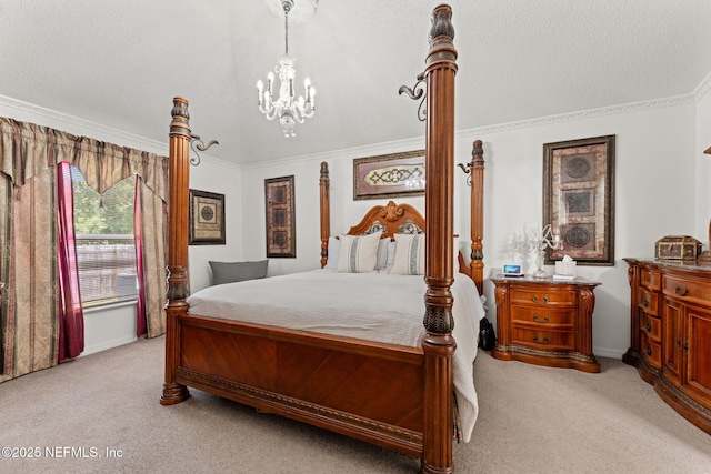 bedroom with a textured ceiling, a chandelier, ornamental molding, and carpet floors