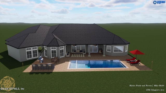 back of house featuring a patio area, a lawn, an outdoor pool, and stucco siding
