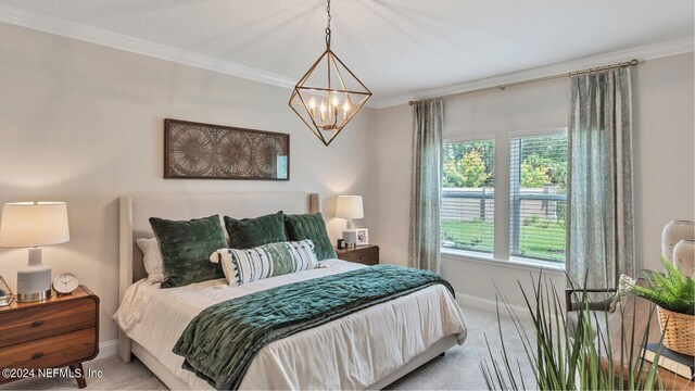 335 Dogleg Run, Saint Johns, FL 32259 - carpeted bedroom with baseboards, ornamental molding, and a chandelier