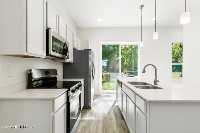 kitchen with a kitchen island with sink, a sink, light wood-style floors, stainless steel appliances, and a wealth of natural light