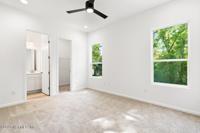 unfurnished bedroom featuring a spacious closet, light carpet, a sink, and multiple windows