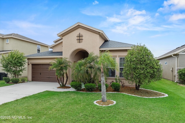 104 Nunna Rock Trl, Saint Augustine, FL 32092 - mediterranean / spanish-style home featuring stucco siding, concrete driveway, a front yard, and an attached garage
