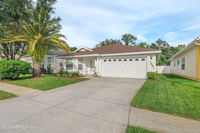 ranch-style home featuring concrete driveway, stucco siding, a front yard, and a garage
