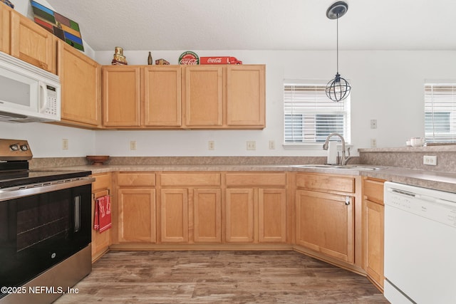 kitchen with hanging light fixtures, a sink, light brown cabinetry, white appliances, and light wood-type flooring
