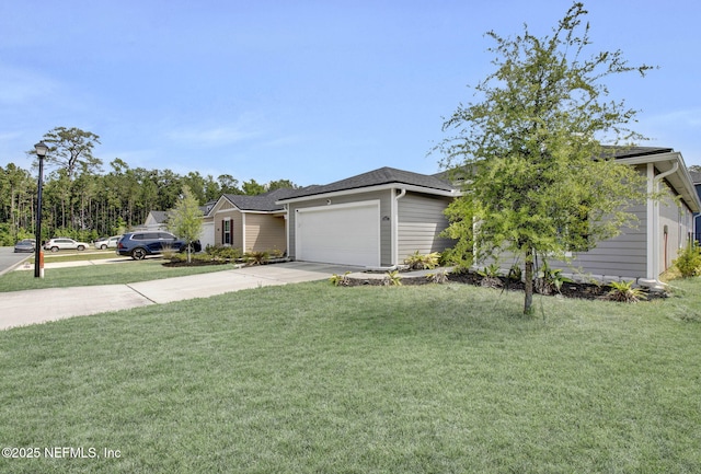 single story home featuring concrete driveway, a front lawn, and an attached garage
