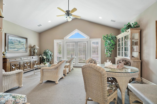 living area featuring a ceiling fan, light carpet, lofted ceiling, and recessed lighting